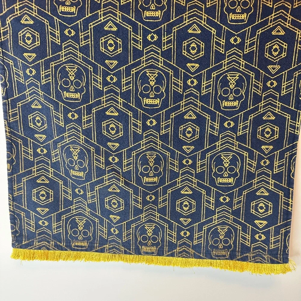 Joann Navy Blue and Gold Skull Aztec Print Mantle Scarf Decor With Gold Fringe